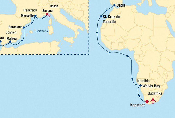 Kreuzfahrt Mittelmeer bis Kapstadt 