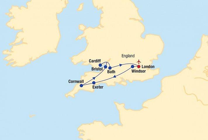 Südengland & Wales Rundreise - Routenkarte Südengland & Wales