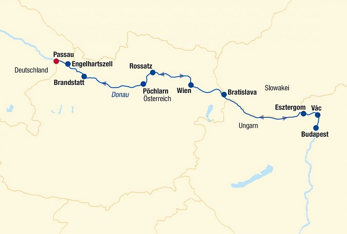 Flusskreuzfahrt Donau Boat & Bike (bis Budapest) - Routenkarte Donau (bis Budapest)