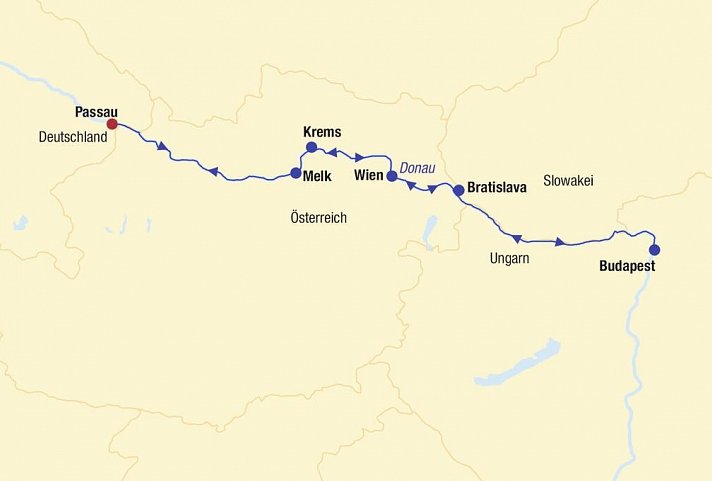 Flusskreuzfahrt Donau - Route Donau Passau, Krems, Wien, Budapest, Bratislava, Melk